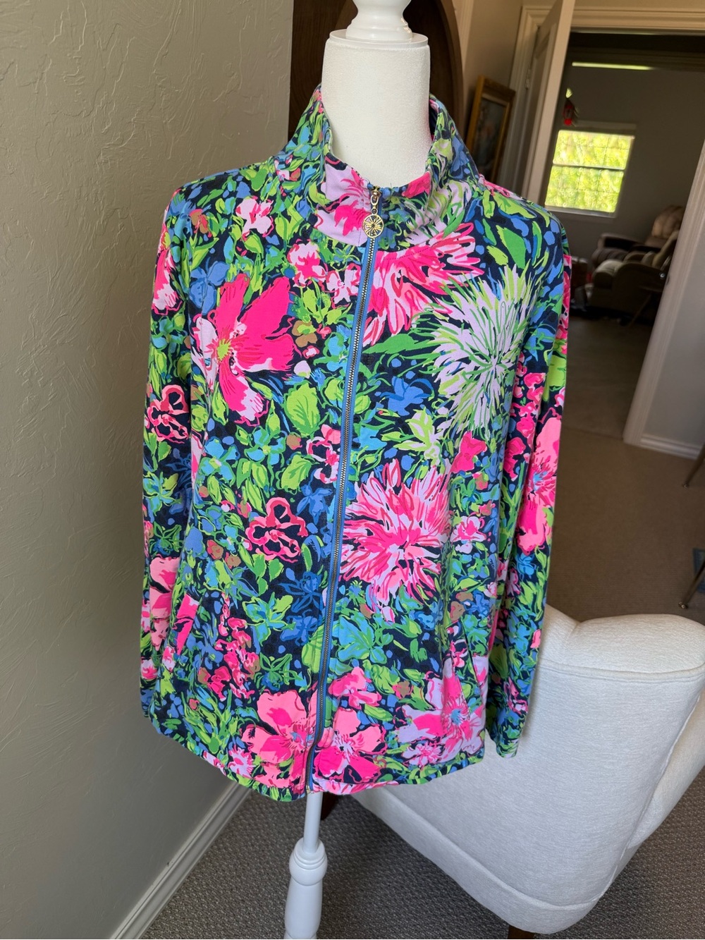 Lilly Pulitzer XXL Floral Full Zip Jacket Pink Green Blue Mock Neck